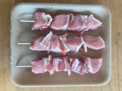 Pork loin and dry cured streaky bacon skewer
